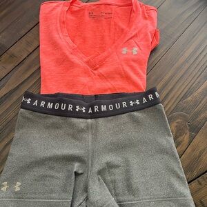 BUNDLE Under Armour Women's Shirt and Black and Gray Athletic Shorts